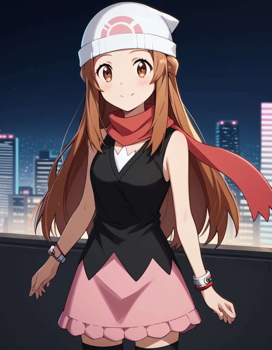 score_9, score_8_up, score_7_up, source_anime, asunayuuki, <lora:asuna-yuuki-s1-ponyxl-lora-nochekaiser:1>, asuna yuuki, long hair, brown hair, brown eyes,, <lora:dawn-pokemon-cosplay-ponyxl-lora-nochekaiser:1>, dawnpokemoncosplay, dawn \(pokemon\) \(cosplay\), bare shoulders, beanie, black shirt, black socks, bracelet, hat, jewelry, kneehighs, miniskirt, pink skirt, red scarf, scarf, shirt, skirt, sleeveless, sleeveless shirt, white headwear,, cityscape, street, smile, blush,, cowboy shot, dutch angle, solo,