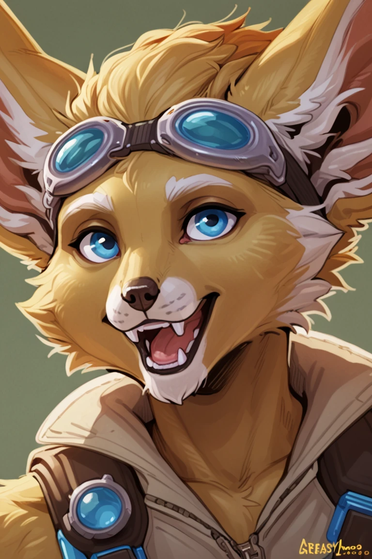 by majmajor, (by greasymojo:1.1), (by mawmain:0.9), hi res, masterpiece, best quality, male, headshot, face, closeup, (pip:1.2), goggles on head, fennec, canine, yellow fur, golden fur, (brown and white clothes), happy, [open mouth], fangs, looking at viewer