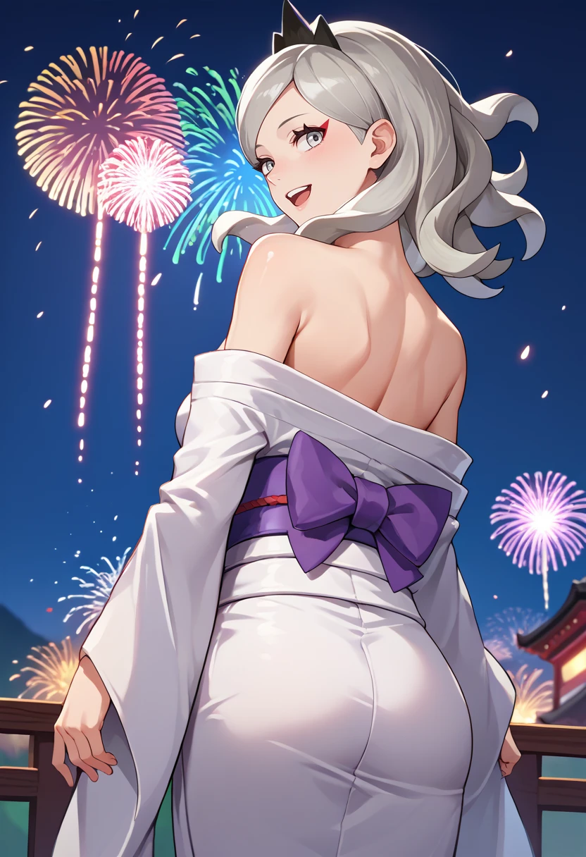 score_9, score_8_up, score_7_up, source_anime, from behind, solo, 1girl, pokemoneri, happy, looking back, grey hair, tiara, grey eyes, japanese clothes, white kimono, off shoulder, purple sash, bare shoulders, fireworks <lora:pokemon_eri_ponyXL:1>