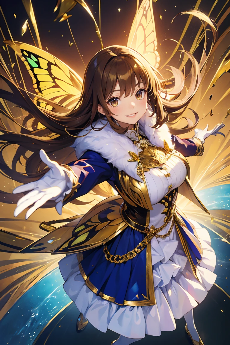 (perspective composition:1),Anime of 1 girl is fly in the air and smile and surrounded by a lot of surreal painting gold butterfly filigree,broken glass,brown long hair:1,wear gold butterfly filigree outfit coat fashion costume with ruffled layers:1),from above,dynamic pose,dynamic angle,golden splendid background),white gloves