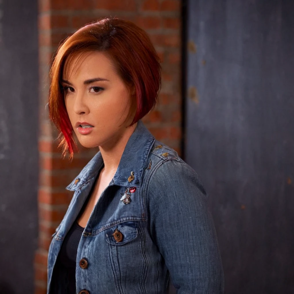 cinematic film still of <lora:Allison Scagliotti:1>
<lora:perfection style:1> perfection style
closeup, Allison Scagliotti a woman with red hair and a denim jacket, movie themed, sharp, detailed, epic cinematic photography, artistic, dramatic light, cinematic color style, Allison Scagliotti style, 1girl, solo, short hair, brown hair, brown eyes, jacket, blurry, blurry background, denim, freckles, realistic, brick wall, denim jacket, shirt, upper body, parted lips, black shirt, looking to the side, lips, blue jacket, shallow depth of field, vignette, highly detailed, high budget, bokeh, cinemascope, moody, epic, gorgeous, film grain, grainy