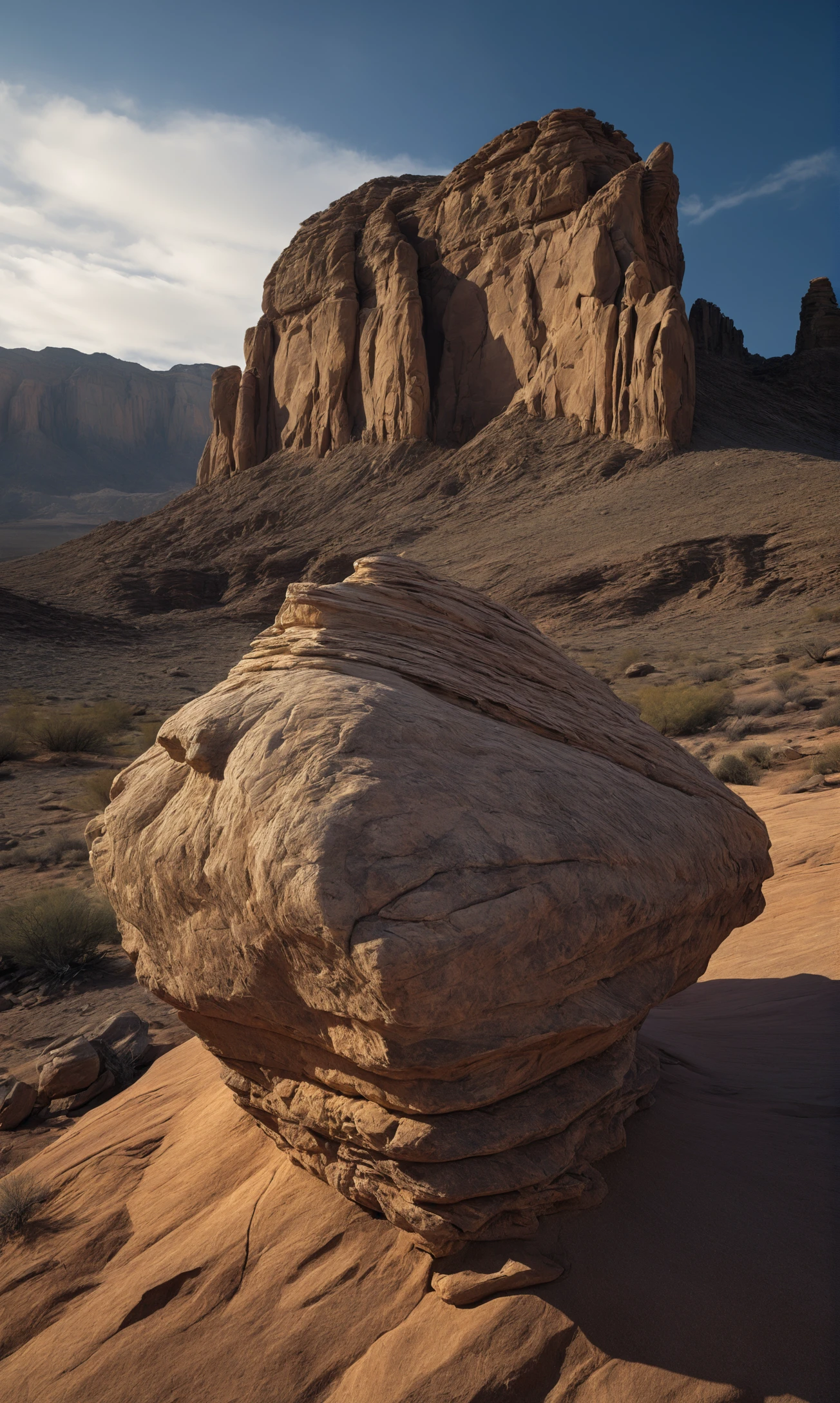 An ultra-realistic, high-resolution photograph of a desert landscape focusing on an ancient, weathered rock formation. Shot with a Nikon Z9, 105mm f/2.8 VR S Micro lens, f/16 aperture, 1/200 sec shutter speed, ISO 64. The studio photo quality captures the intricate details and textures of the rock, with dramatic lighting creating a sense of timelessness and majesty. Masterpiece, by Yousuf Karsh , high resolution detail, studio photo quality