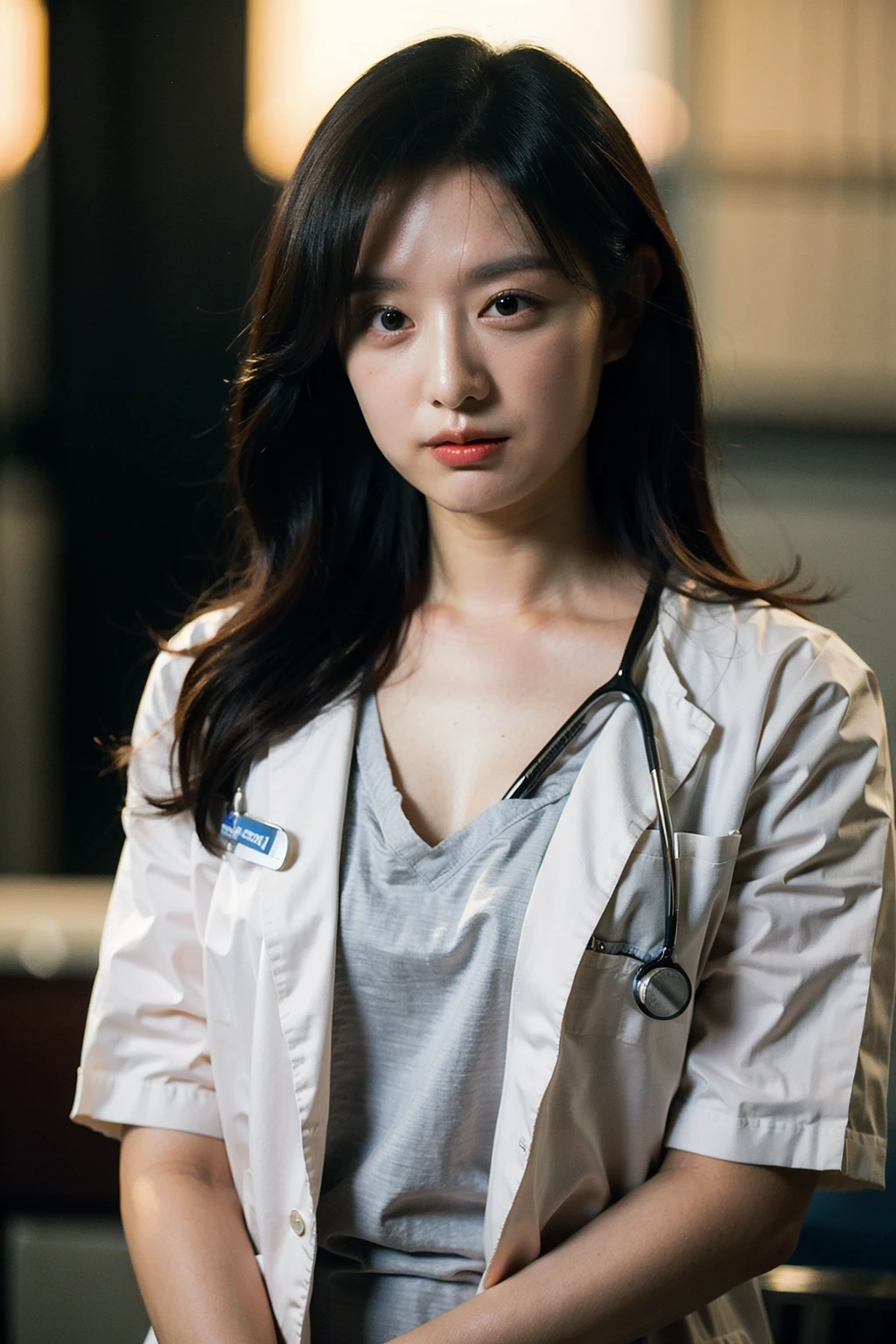 Best quality, masterpiece, ultra high res, (photorealistic), raw photo,1girl, skinny, upper body,solo, realistic, looking at viewer, long hair, bokeh background, inside hospital, doctor,  <lora:makina69_kimjiwon_v1.0:1>, stethoscope, surgeon uniform,