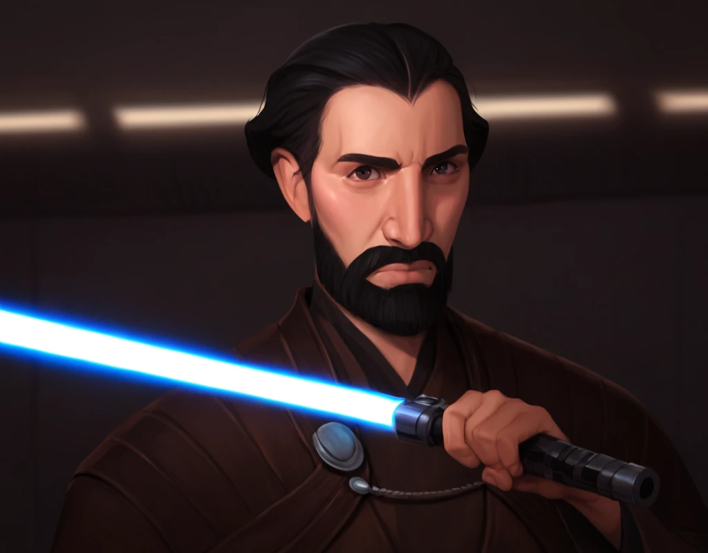 score_9, score_8_up, score_7_up, score_6_up, score_5_up, score_4_up,  photorealistic, realistic,  Young-Dooku, Star Wars, solo, full body, short hair, black hair, 1boy, closed mouth, upper body, beard, mustache, male focus, trousers, boots, lightsaber, blurry background, spacecraft interior, <lora:Younger_Count_Dooku:1>