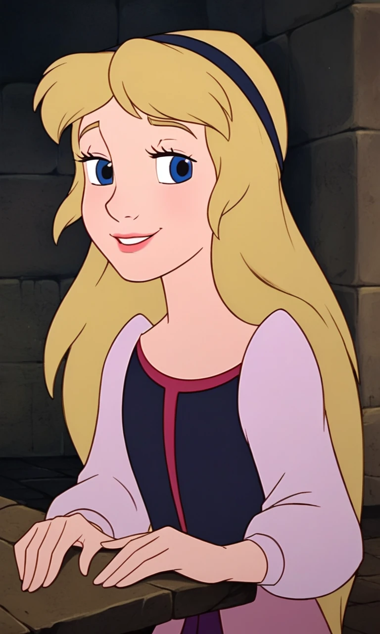 Princess Eilonwy, blonde hair, blue eyes, black hair band, long hair, black shoes, smile, half-lidded eyes