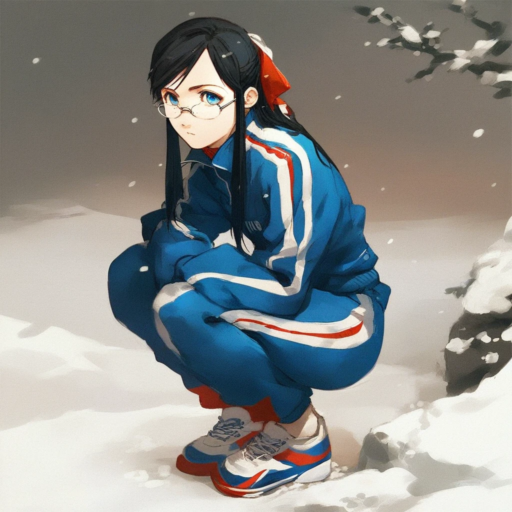 score_9, score_8_up, score_7_up, solo, 1girl, full body, female focus, 2D, source_anime, Rosa_rosa_utm, long hair, black hair, sidelocks, hair ribbon, blue eyes, glasses, rimless eyewear, small breasts, tracksuit, squatting, snow, russia background, street