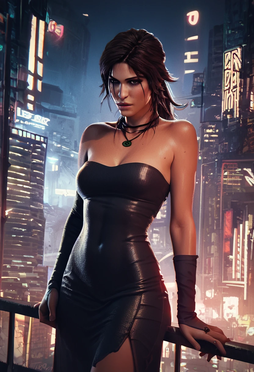 score_9, score_8_up, score_7_up, score_6_up, lara croft, strapless black dress, black bridal gauntlets, city at night, neon backlighting<lora:LaraCroft2013:0.9>