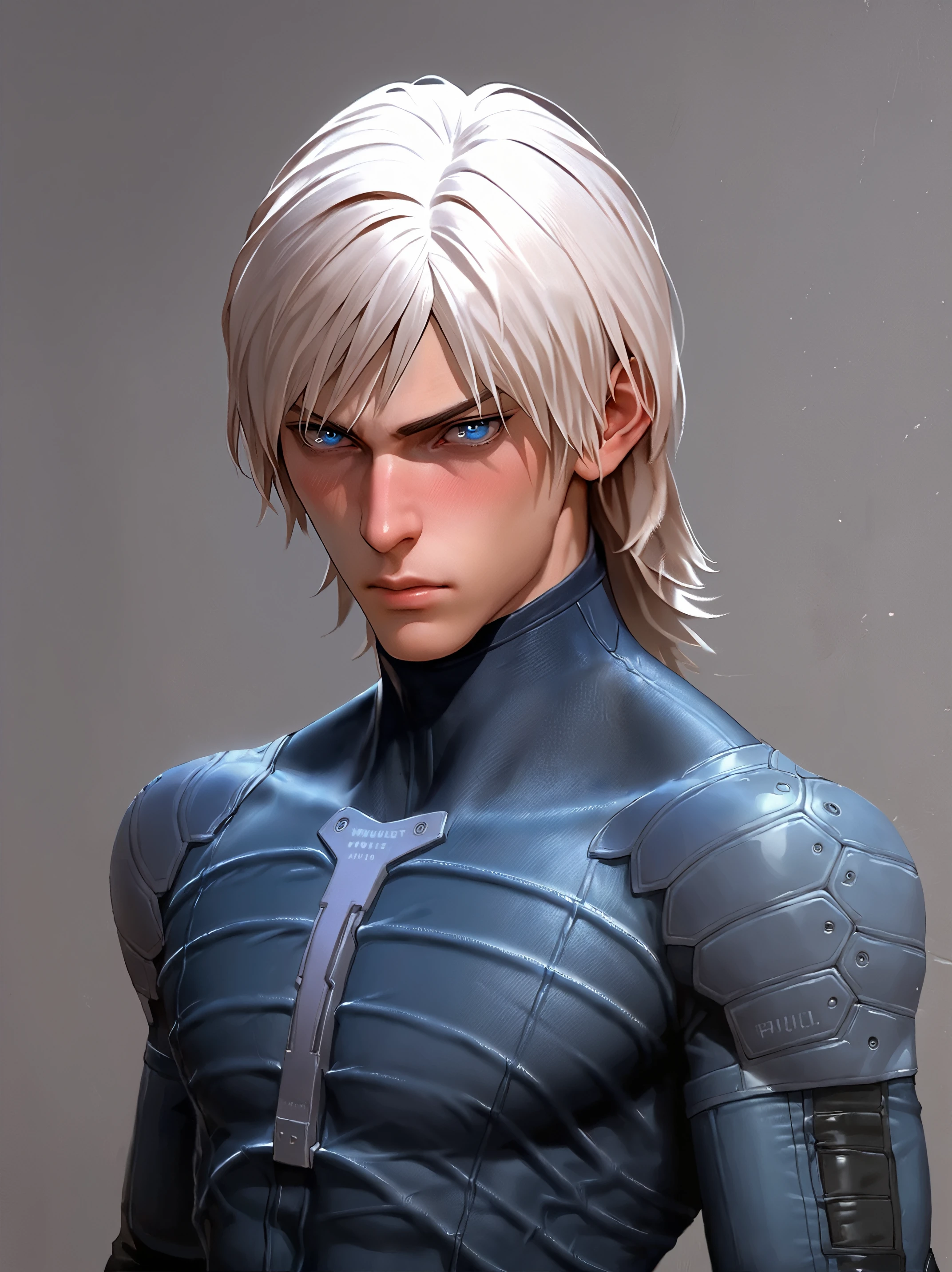 score_9, score_8_up, score_7_up, score_6_up, source_anime, yaoi, rating_explicit, ((young boy)), source_anime, realistic, 1boy, closeup, raiden_a solo, ((portrait:1.25)) white hair , blue eyes, armor, bodysuit, (armor:1.1), blush, shy, dynamic pose, looking at viewer, (skinny:1.25) ,  in a dark factory  <lora:Raiden_a-000001:0.8>,  <lora:[GP] somethingweird [Pony XL]:0.7>