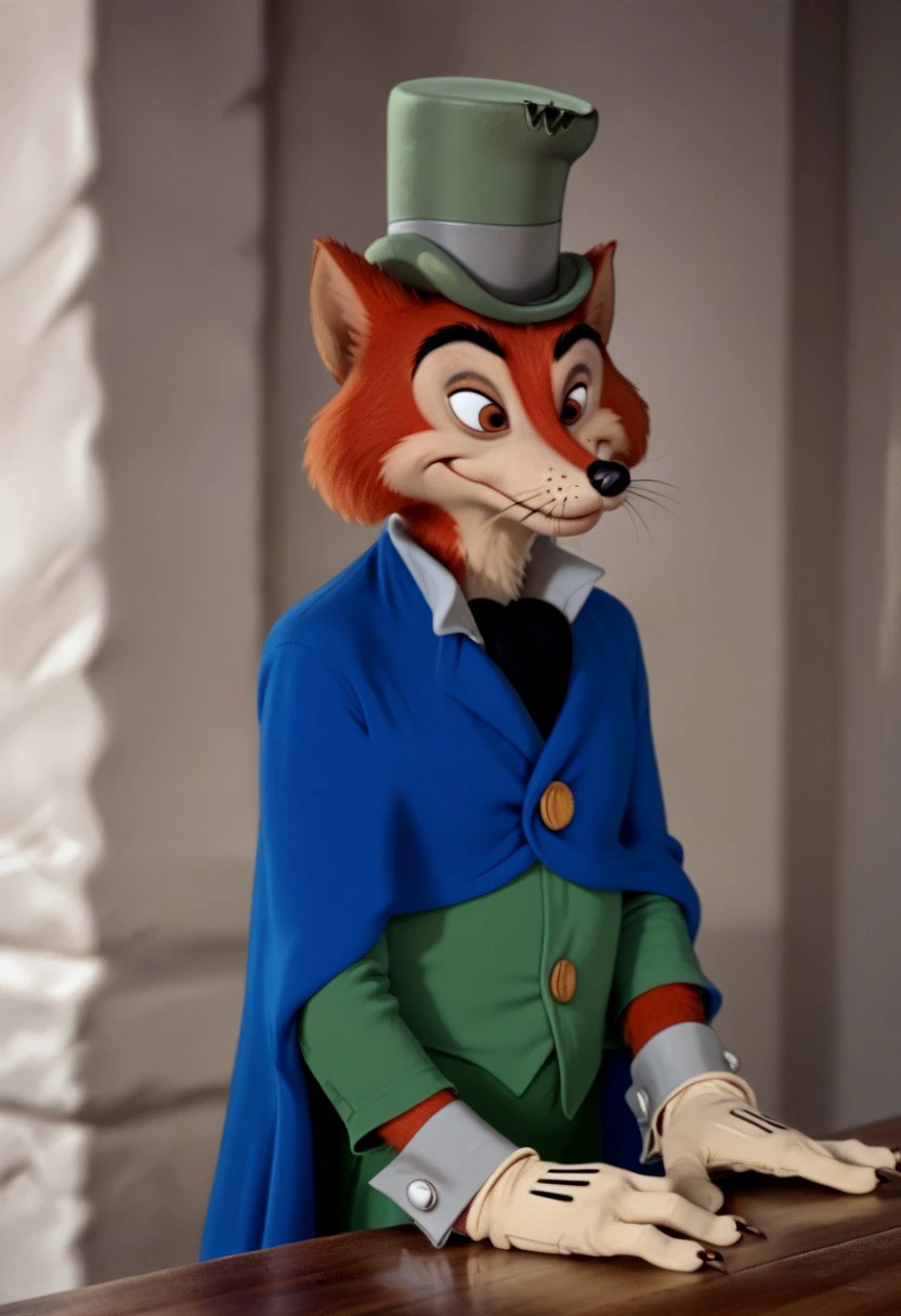 score_9, score_8_up, score_7_up, score_6_up, score_5_up, score_4_up, ((masterpiece, photorealistic, realistic, bedroom background, detailed fur, detailed face,)) Honest John, Honest John Foulfellow, Disney, furry male, male fox, anthropomorphic fox, cartoon fox, animal focus, disney, fox ears, fox tail, tan feet, claws, beige markings, beige face, detailed eyelids, brown eyelids, black eyebrows, tan inner-ears, furry cheeks, whiskers, brown eyes, black nose, green top hat, green shirt, grey cuffs, grey collar, black ascot, blue cloak, cloak red liner, gold buttons, beige gloves, torn gloves, three fingers, three toes, solo, 1boi, headshot