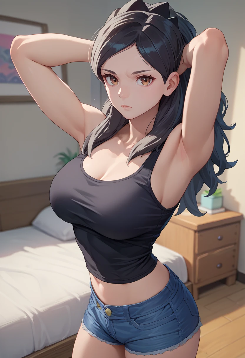 score_9, score_8_up, score_7_up, source_anime, solo, 1girl, pokemoneri, expressionless, looking at viewer, standing, arms behind head, black hair, brown eyes, black tank top, denim shorts, bare shoulders, large breasts, indoors, bedroom <lora:pokemon_eri_ponyXL:1>