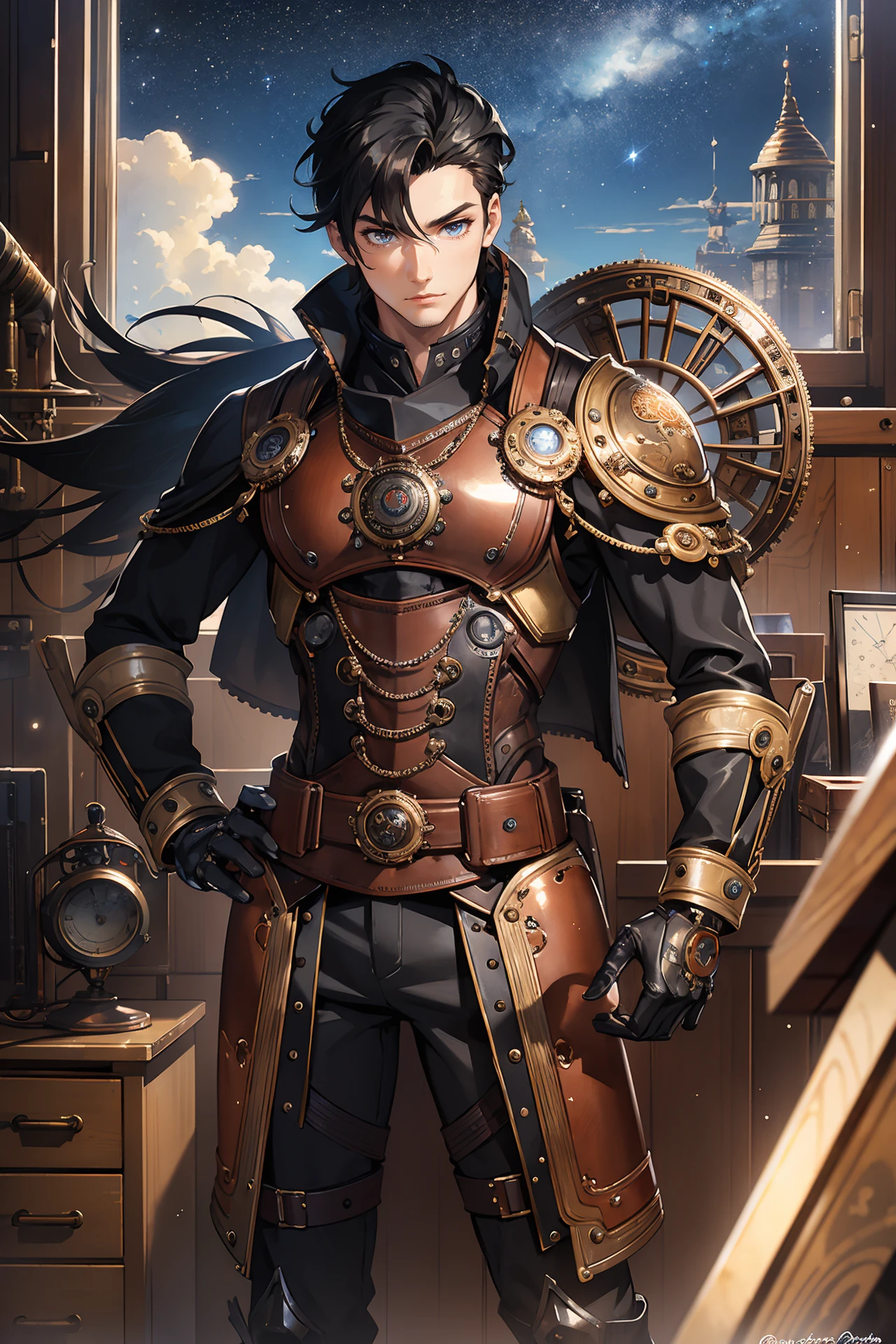 masterpiece,best quality,a man,detailed eyes,detailed face,black hair,exquisite dress,Lineart,cowboy shot,dynamic angle,cool posing,messy mechanical punk room,steampunk style,antique,mechanical,brass and copper tones,gears,window,High saturation,clouds and stars sky,Galaxy,