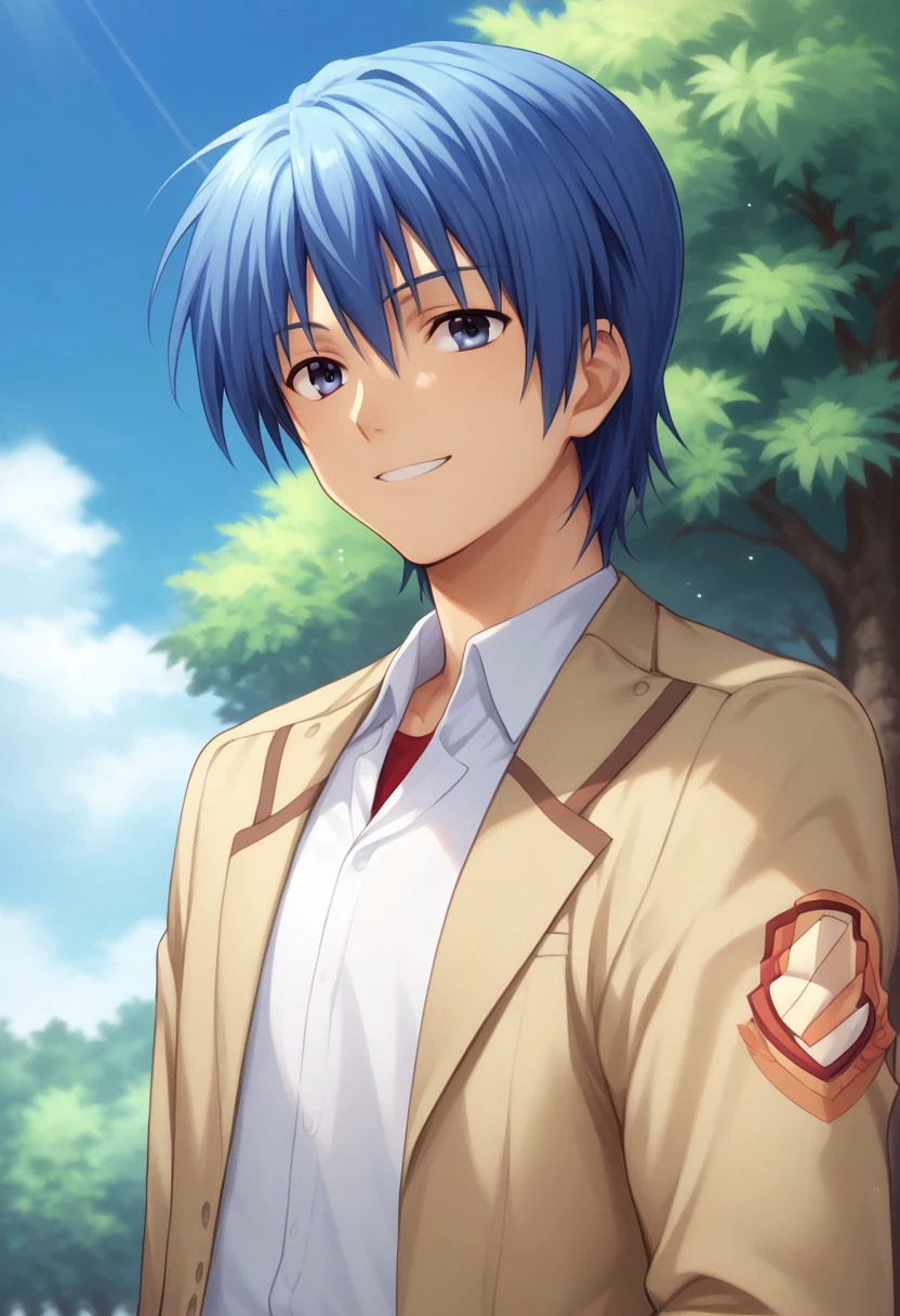 score_9, score_8_up, score_7_up, source_anime, highly detailed, 
hideki, 1boy, male focus, school uniform, solo, blue hair, blue eyes,
shinda sekai sensen uniform, smile,
outdoor, sky, blue sky, tree