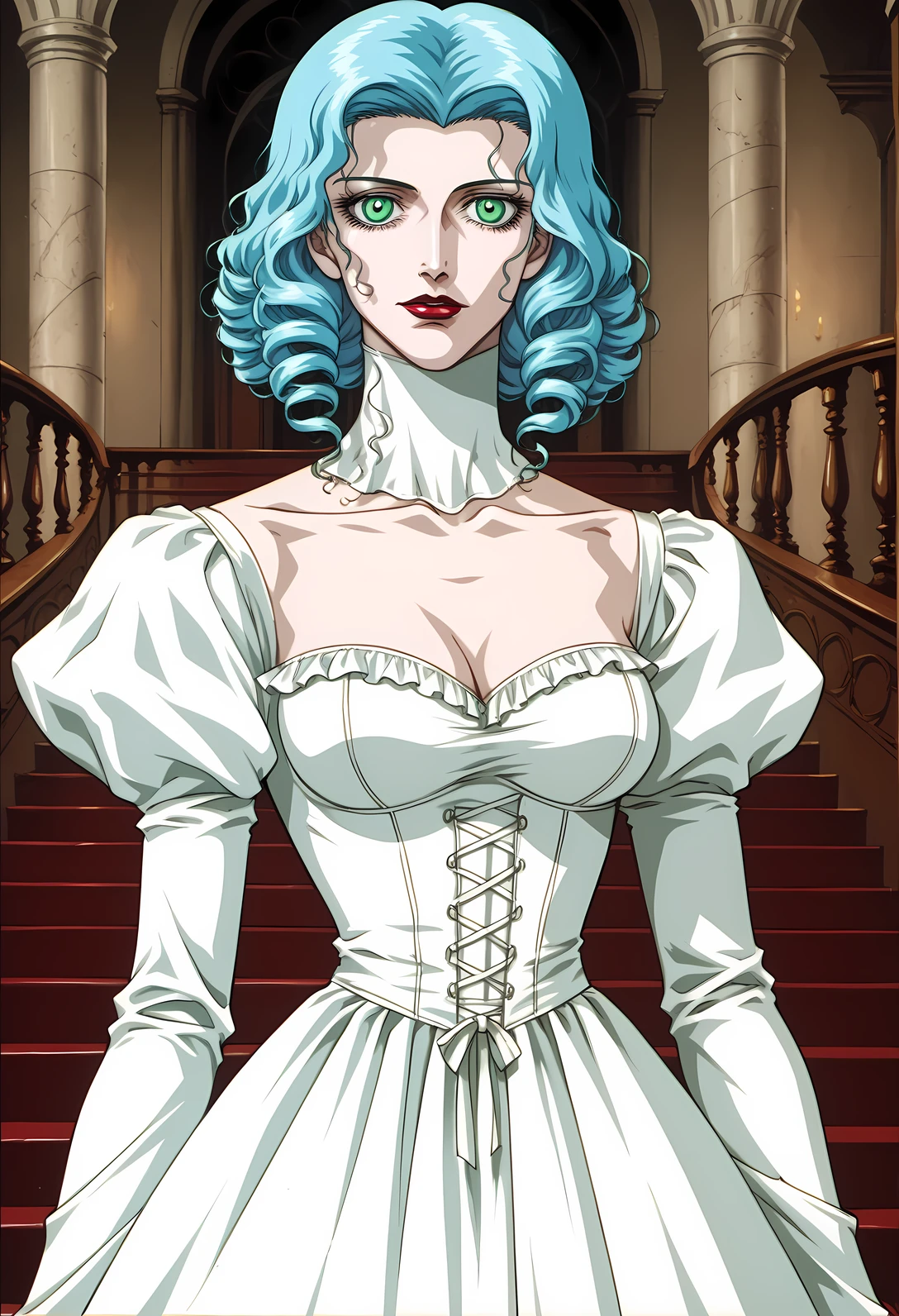 score_9, score_8_up, score_8,  BREAK
1girl, solo, portrait, carmilla, vampire, rococo dress, blue hair, green eyes, spiral staircase, luxury, wide hips, narrow waist, victorian era,upper body, 
<lora:Vampire_Hunter_D_Bloodlust_Style:1> v4mpd, retro artstyle