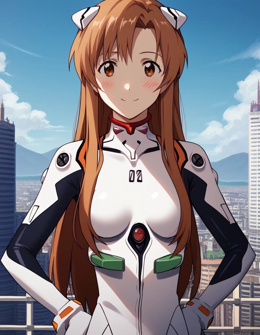 score_9, score_8_up, score_7_up, source_anime, asunayuuki, <lora:asuna-yuuki-s1-ponyxl-lora-nochekaiser:1>, asuna yuuki, long hair, brown hair, brown eyes,, <lora:rei-ayanami-cosplay-ponyxl-lora-nochekaiser:1>, reiayanamicosplay, ayanami rei \(cosplay\), bodysuit, headgear, plugsuit, white bodysuit,, outdoors, cityscape, smile, blush, hands on hips,, cowboy shot, dutch angle, solo,