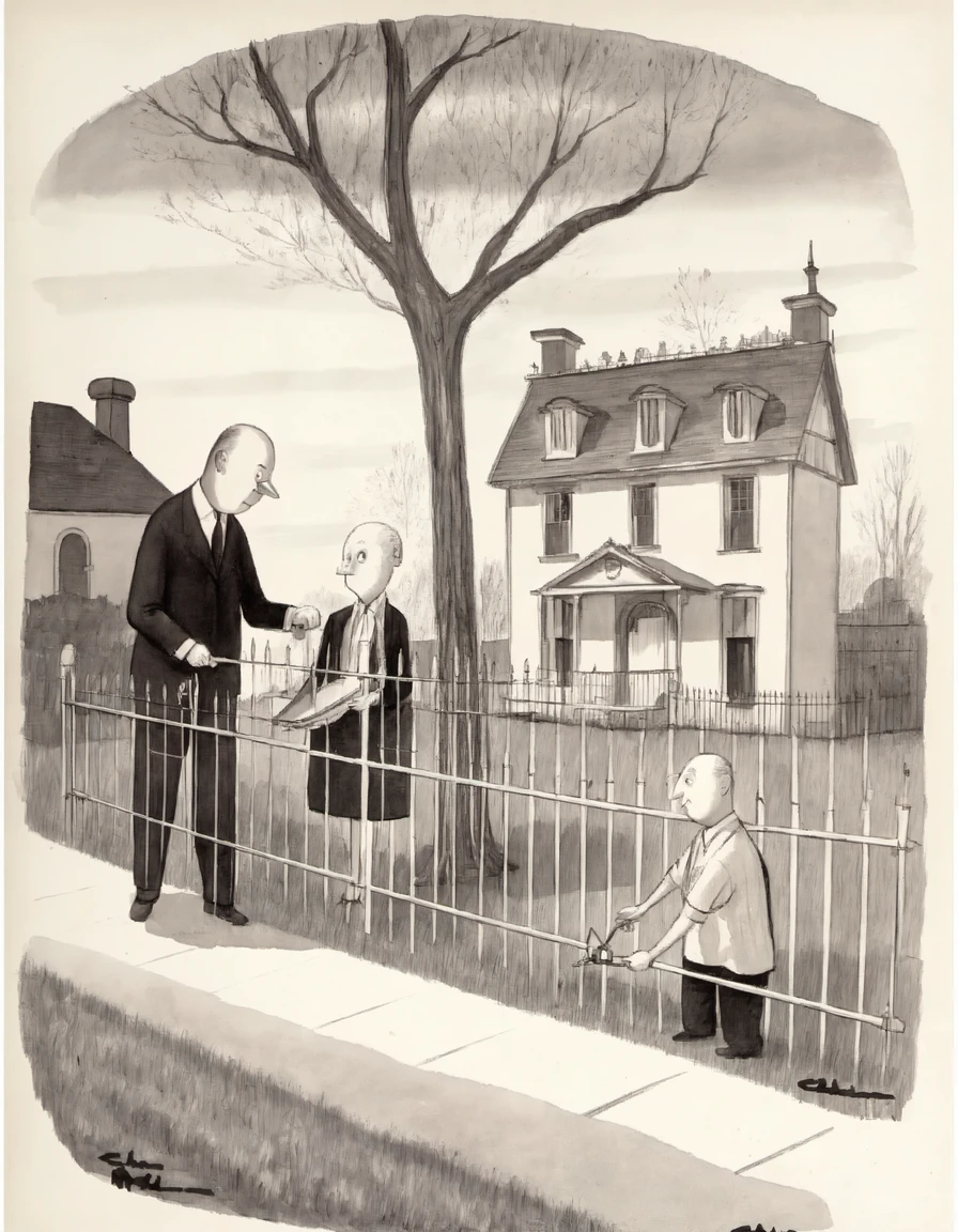 a cartoon of a bald man fixing a metal fence in front of a victorian house, with tree without leave in front in the style of charles-addams