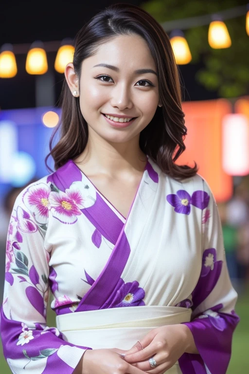 1girl,(RAW photo, best quality), (realistic, photo-realistic:1.4), masterpiece, an extremely delicate and beautiful, extremely detailed, 2k wallpaper, Amazing, finely detail, extremely detailed CG unity 8k wallpaper, ultra-detailed, highres, soft light, beautiful detailed girl, extremely detailed eyes and face, beautiful detailed nose, beautiful detailed eyes,cinematic lighting,perfect anatomy,slender body
(wearing  floral pattern cotton yukata),(obi),(wide sleeves)
(at a park at night),(japan summer festival),(festival stalls:1.2),(city lights at night),
smiling
 <lora:andomiki_lora:0.7>