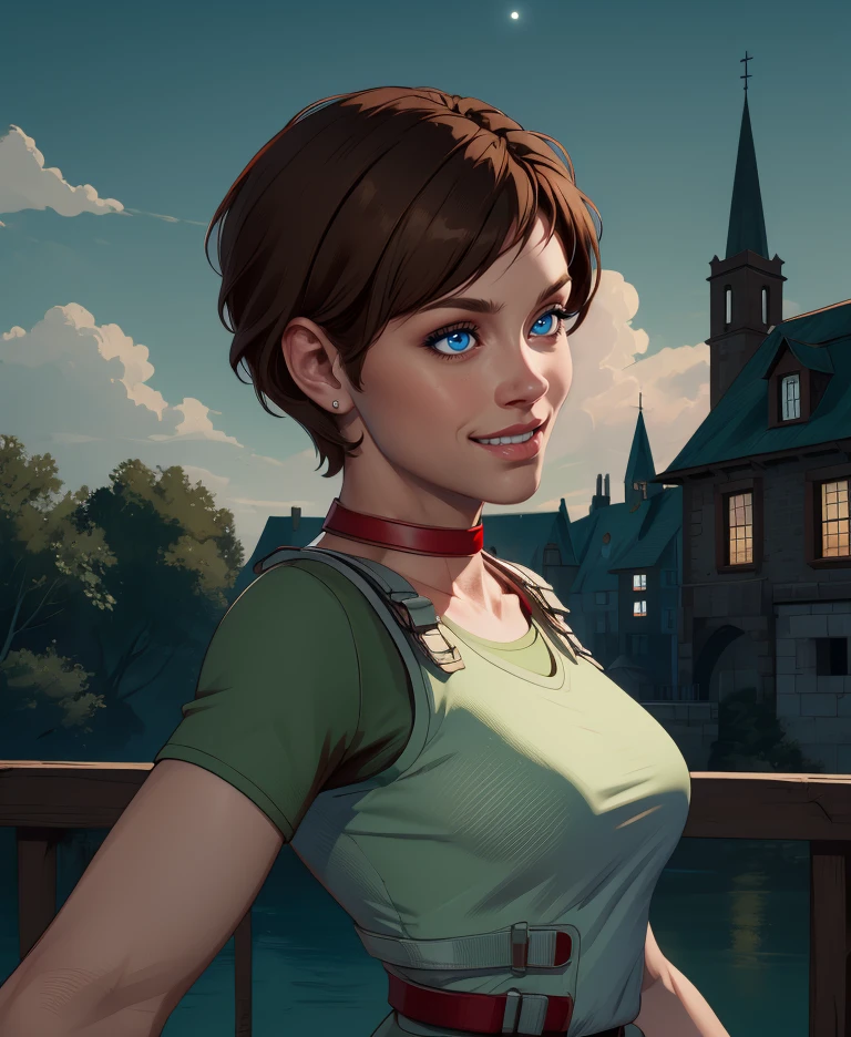 rebbecca,blue eyes,brown hair,short hair,
green shirt,vest,belt,short sleeves,red choker,
from side,  
night,town,light smile,
(insanely detailed,  masterpiece, best quality),solo,<lora:Rebbeccachambers:0.9>,