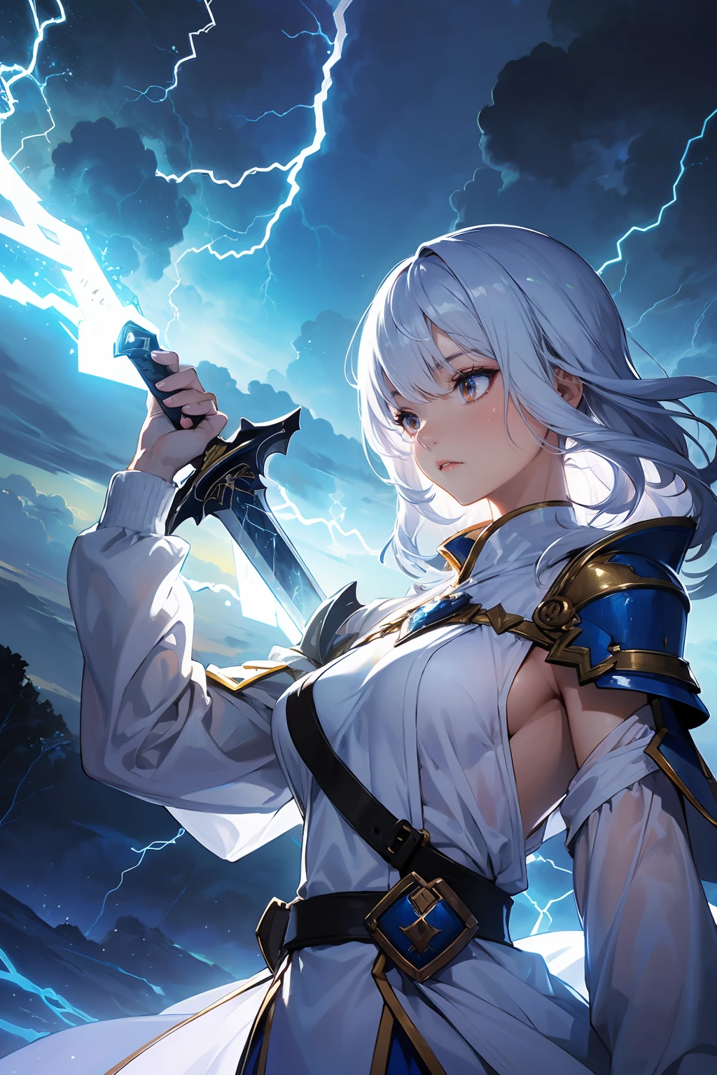 ((upper body,dynamic angle,cool pose)),A magic sword knight,composed of elements of thunder,thunder,electricity,His form is barely tangible,with a soft glow emanating from his gentle contours,The surroundings subtly distort through her ethereal presence,casting a dreamlike ambiance,white lightning,Surrounded by thunder and lightning elemental magic,