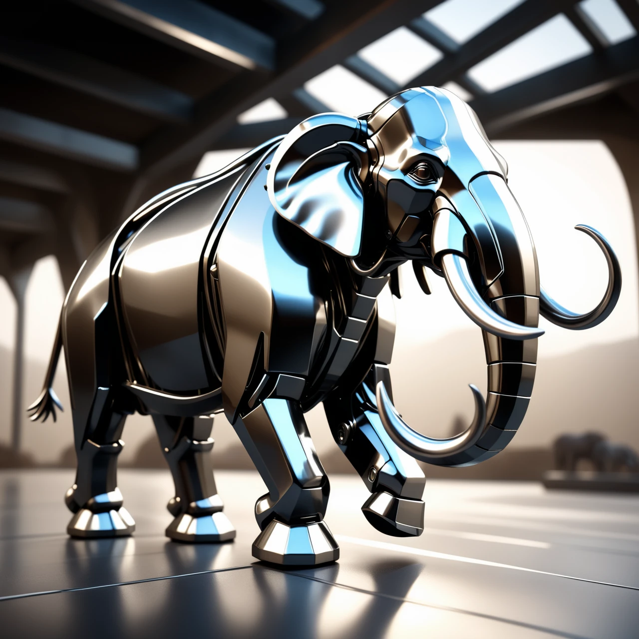 a mammoth made out of Jed-Steel, masterpiece, wallpaper engine, octane render ,  <lora:PolishedSteelStyle:0.7>