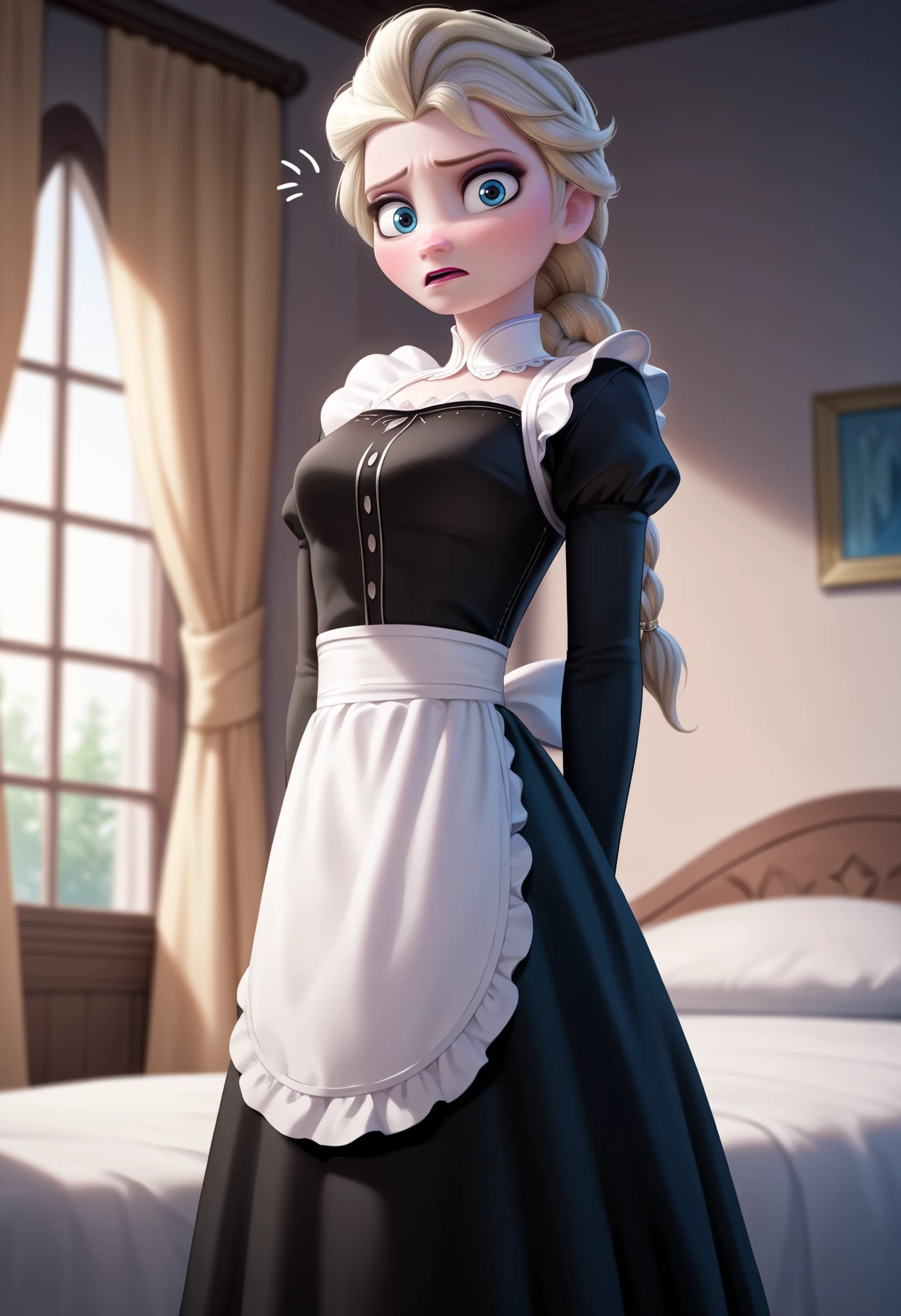 score_9, score_8_up, score_7_up, score_6_up, score_5_up, score_4_up, BREAK, source_anime,
1girl, elsa \(frozen\), blonde hair, long hair, blue eyes, single braid,
black dress, stockings, maid uniform,
embarassed, blush, solo, looking at viewer, indoors, bedroom background <lora:ElsaXL:1>