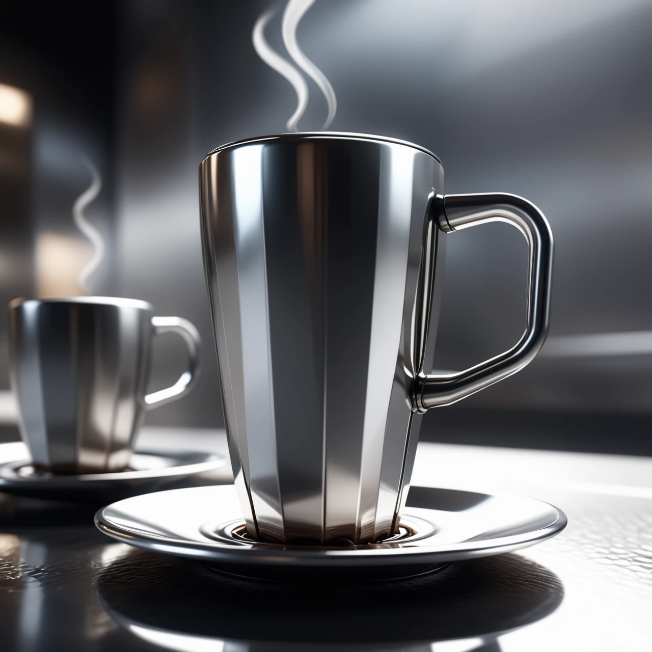 a coffee  made out of Jed-Steel, masterpiece, wallpaper engine, octane render ,  <lora:PolishedSteelStyle:0.7>