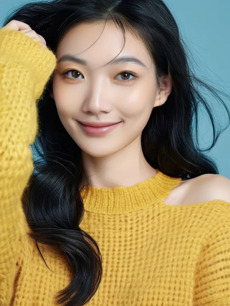 A girl, half length photo, with jet black hair, facing the camera, smiling, wearing a yellow knitted sweater, with a light blue background, high-definition realism, 8k, UE5
