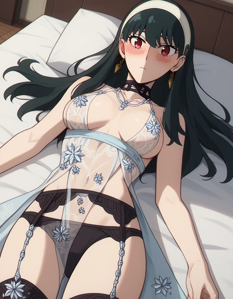 score_9, score_8_up, score_7_up, source_anime, yorbriar, <lora:yor-briar-s1-ponyxl-lora-nochekaiser:1>, yor briar, black hair, red eyes, earrings, white hairband, hairband, long hair, sidelocks,, <lora:royal-icing-ponyxl-lora-nochekaiser:1>, royal icing, snowflake print, garter belt, lingerie, see-through, revealing clothes, black panties, necklace, choker, underwear,, indoors, bed, on bed, on back, blush, breasts apart,, cowboy shot, dutch angle, solo,