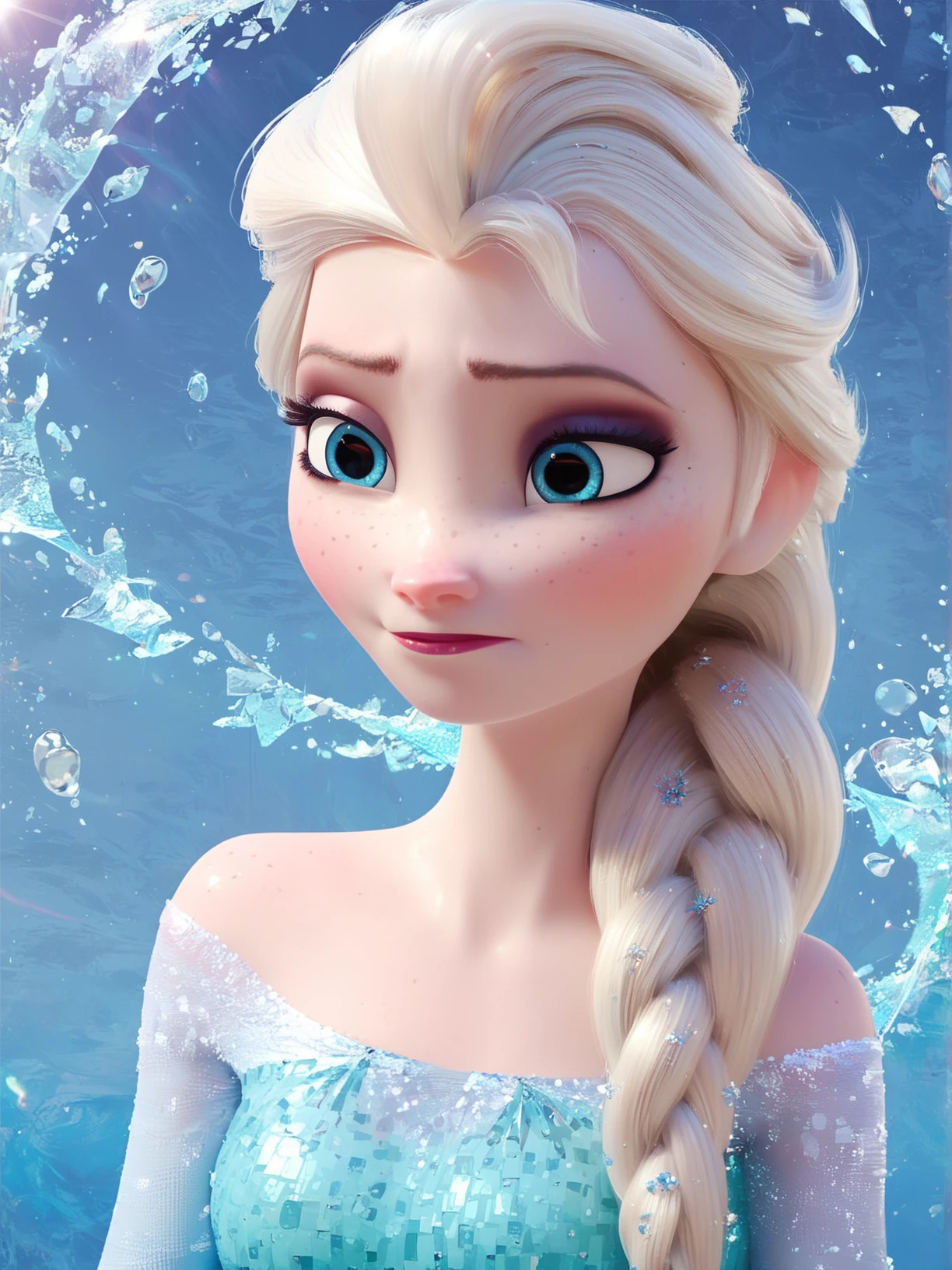 score_9, score_8_up, score_7_up, score_6_up, Perfect Hands,elsa \(Frozen\),solo,prefect face,white Platinum hair,freckles, bare shoulders, closed mouth, Braid on right shoulder,civitai elsa, blue eyes,Elsa's Sparkling Blue Dress,view from font,(waist-up view), <lora:Elsa_Ultimate_Version_1_9_outfits-c-000008:1:0.9:lbw=0.6,0.3,0.3,0.3,1,1,1,0.9,1,1,0.5,-0.5>, <lora:Concept_Art_Twilight_Style_SDXL_LoRA_Pony_Diffusion_V6_XL:0.7> ,<lora:Perfect Hands:0.8>,