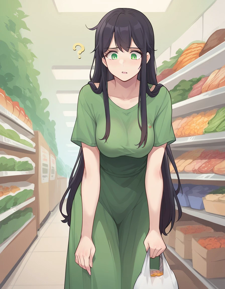 score_9, score_8_up, score_7_up, grocery store, leaning forward, holding bag, 1woman, long hair, dark hair, green eyes, t-shirt, dress, confused, [looking down], folait