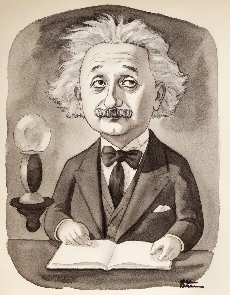 a cartoon portrait of albert-einstein in the style of charles-addams