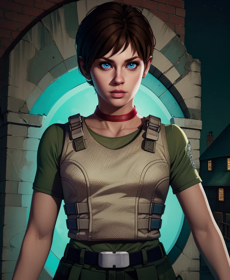 rebbecca,blue eyes,brown hair,short hair,
green shirt,vest,belt,short sleeves,red choker,
night,town,
standing,upper body,
(insanely detailed,  masterpiece, best quality),solo,<lora:Rebbeccachambers:1.1>,