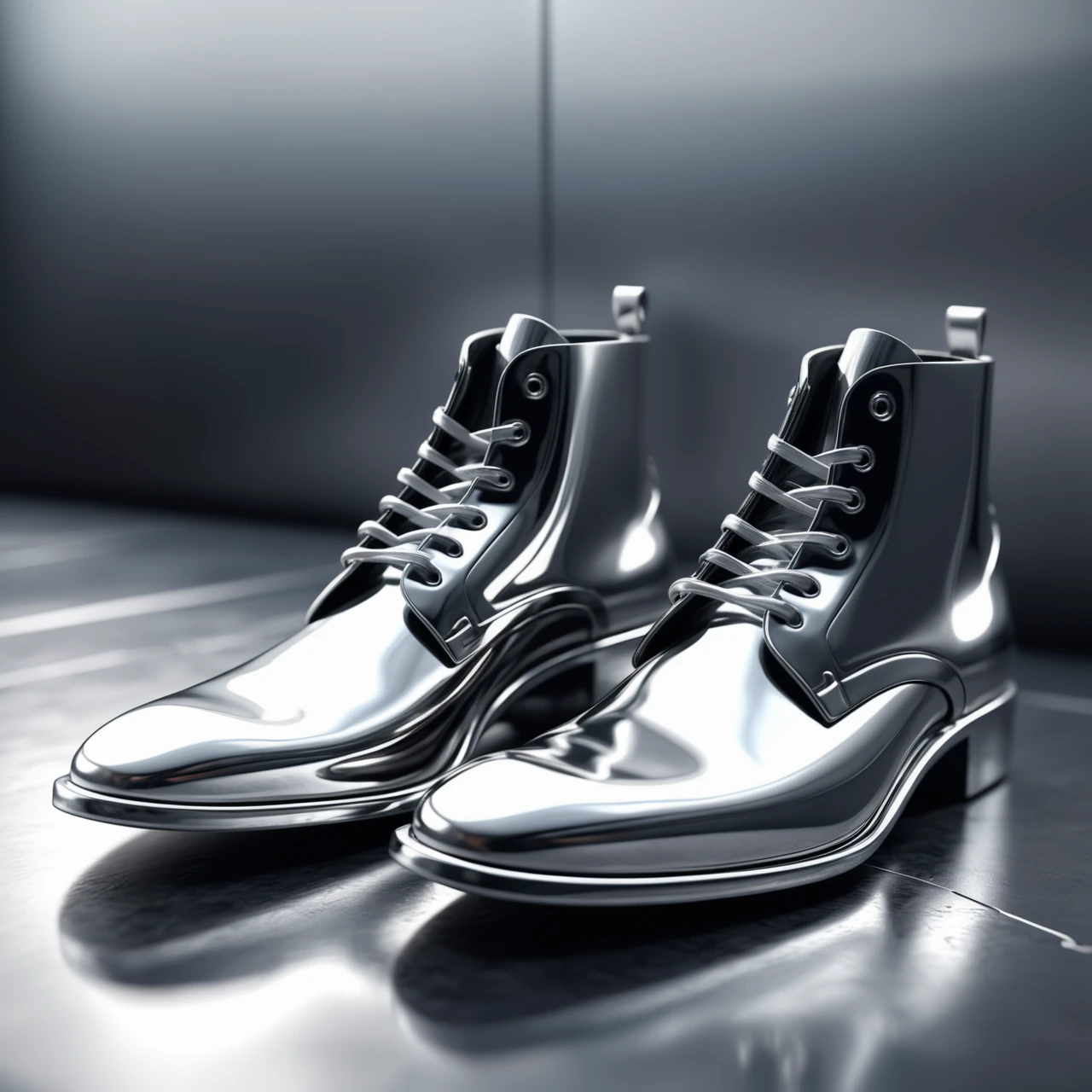 an pair of shoes made out of Jed-Steel, masterpiece, wallpaper engine, octane render ,  <lora:PolishedSteelStyle:0.7>