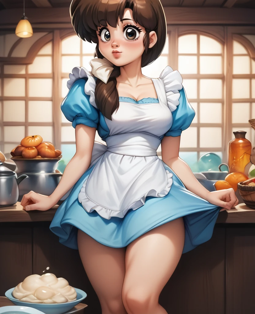 score_9, score_8_up, score_7_up, score_6_up, score_5_up, score_4_up, rating_explicit,
 <lora:K4sum1PNYXl_v00:1> tendou_kasumi, white apron, blue dress, <lora:Zazu:1> hattiezazu, digital art, soft light