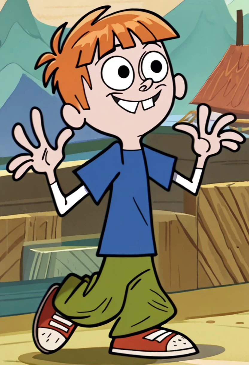 score_9, score_8_up, score_7_up, BREAK ToddWS, 1boy, short orange hair, black eyes, tooth gap, short-sleeved blue shirt, long-sleeved white undershirt, green pants, red white shoes, solo, solo focus, happy,
