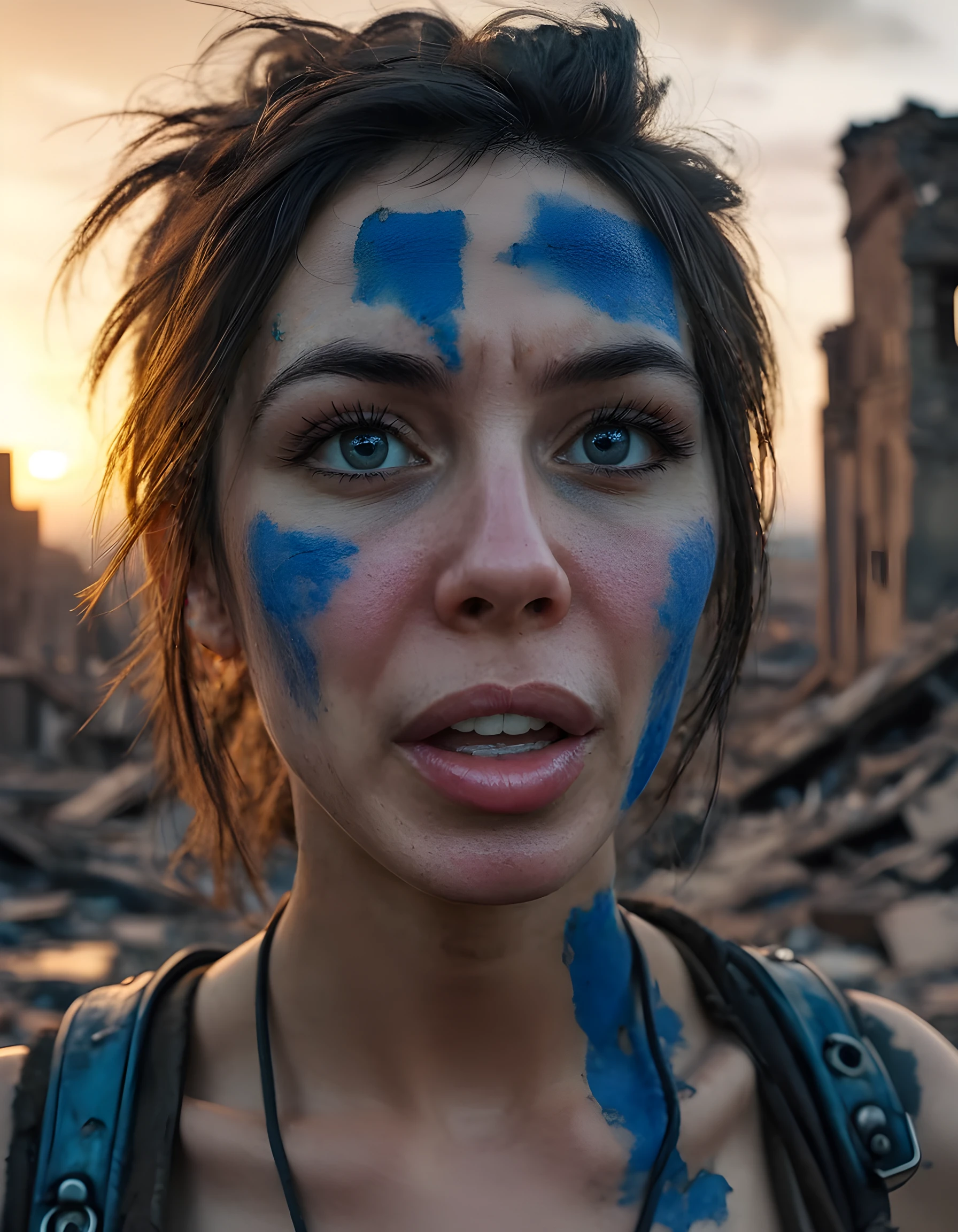 In a gritty, post-apocalyptic landscape under the harsh, golden glow of a setting sun, S4R4D, a woman with her lips painted a vibrant, electric blue, stands defiantly against the backdrop of crumbling ruins. Her piercing brown eyes lock onto the viewer's soul, her sharp teeth bared in a fierce snarl. The camera is set at a low angle, emphasizing her towering presence and the desolation around her. Her outfit, a patchwork of recycled materials, shimmers with a distinct cyberpunk aesthetic, complementing the blurry, desolate background that suggests a once-thriving city reduced to ruin. The emotional tone is one of resilience and determination, as she stares down the viewer with an unwavering gaze, daring them to question her strength in this bleak wasteland.