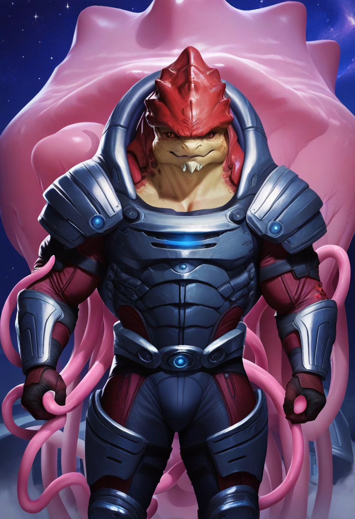 score_9, score_8_up, score_7_up,beautiful,(ultra HD quality details),1boy, krogan, armor, full suit of armor, alien, red eyes,  extremely detailed, muscular male, looking at viewer, makeup,night, stars,warm light, zoomed in view, motion lines,standing,
1boy, Stupidjellyfish,((blob with tentacles)), floating body, pink body,  pink tentacles,