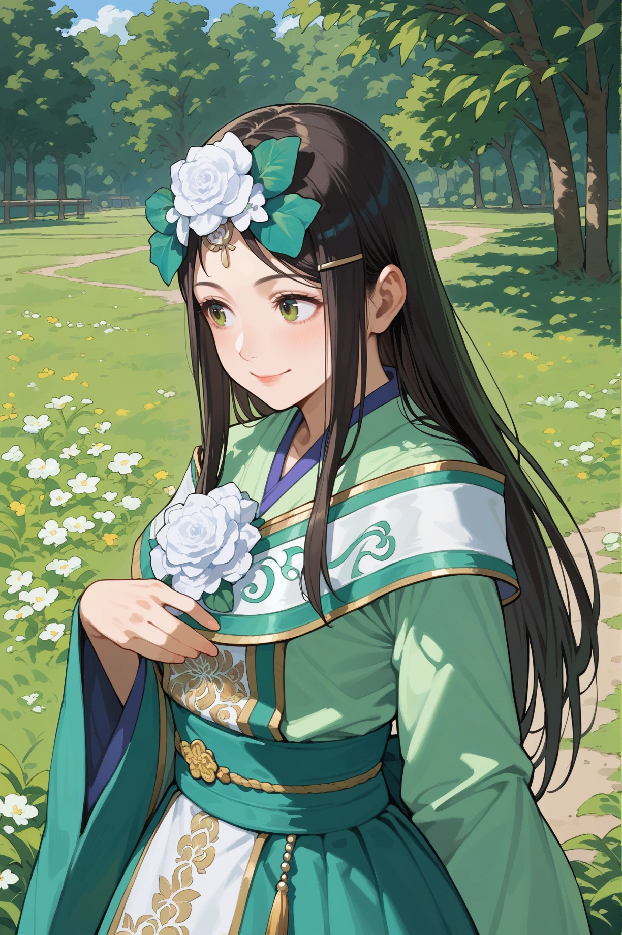 score_9, score_8_up, score_7_up , source_anime, masterpiece, best quality, perfect anatomy, BREAK She sits on a windowsill, looking out with a peaceful smile., <lora:Xiahouji_Dynasty_Warrior:0.7> 1girl, solo, long hair, black hair, hair flower, cowboy shot