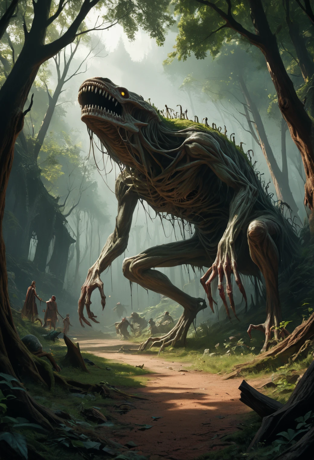 score_9,score_8_up,score_7_up,
Nestled deep within a forbidden forest,a monstrous dwelling emerges from the shadows,Its entrance guarded by gargantuan bones,the air thick with the scent of decay,Inside lies a labyrinth of terror,adorned with gruesome trophies and twisted creations that defy nature,waiting to ensnare the unwary traveler,