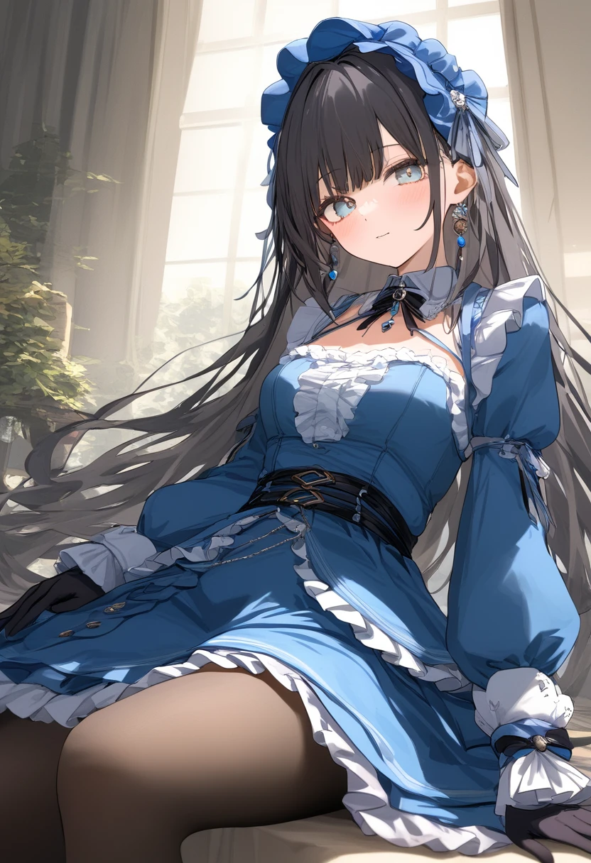 1girl,solo,long hair,blue dress,frills,pantyhose,gloves,looking at viewer,jewelry,bangs,ta_fashion,
newest,very aesthetic,highly detailed,best quality,absurdres,detailed,HDR,natural light,