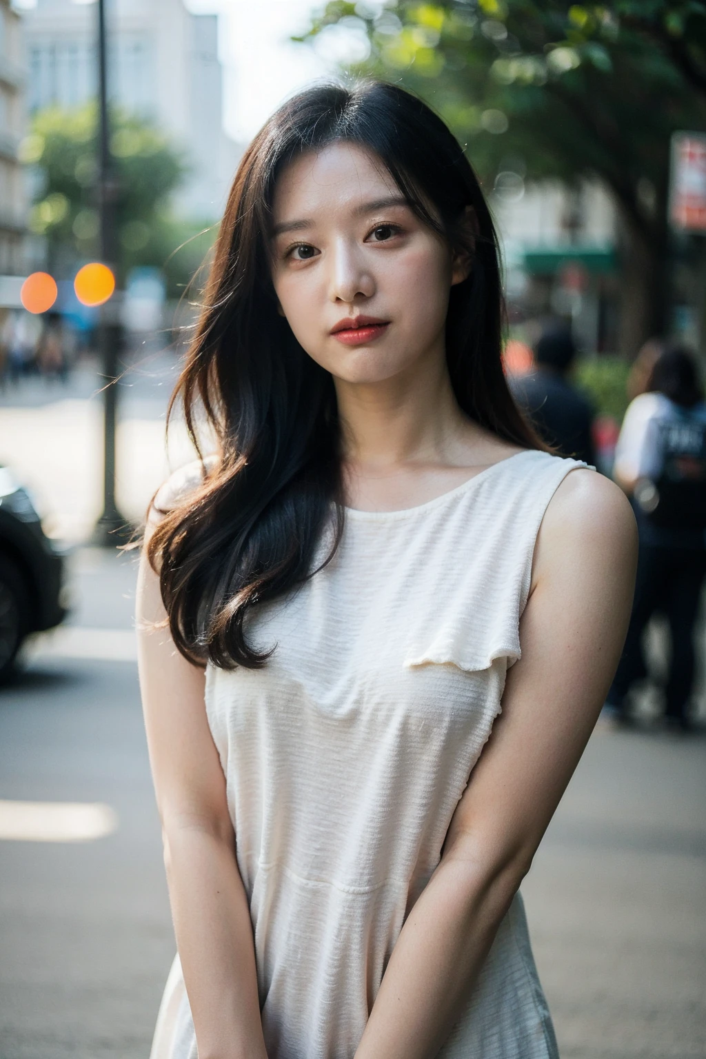 Best quality, masterpiece, ultra high res, (photorealistic), raw photo,1girl, skinny, upper body,solo, realistic, looking at viewer, long hair, bokeh background, city streets, daylight, mini dress,  <lora:makina69_kimjiwon_v1.0:1>