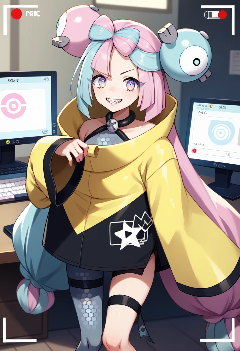 score_9, score_8_up, score_7_up, source_anime, viewfinder, solo, 1girl, pokemoniono, sharp teeth, smile, looking at viewer, bow-shaped hair, character hair ornament, oversized clothes, yellow jacket, sleeves past wrists, sleeves past fingers, grey shirt, sleeveless shirt, grey pantyhose, single leg pantyhose, hexagon print, thigh strap, indoors, computer, table, keyboard <lora:pokemon_iono_ponyXL:1>