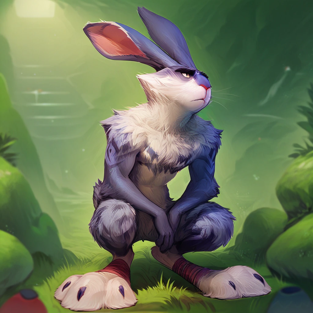 score_7_up, score_8_up, 1boy, full body, bunnymund, anthro rabbit, fur markings, looking to side, digital art,