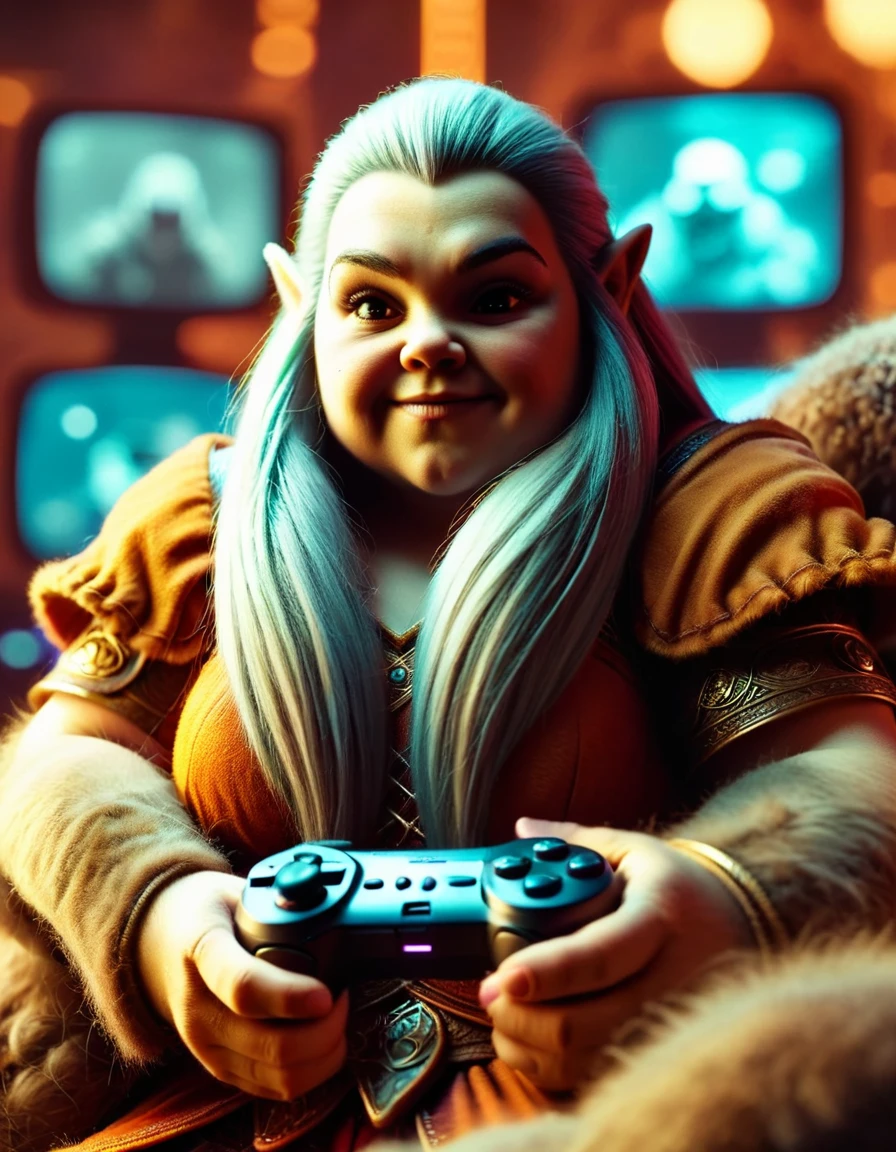 From the Digital Era, this image based on Grindhouse featuring a thick (Female Dwarf:1.3) , the Dwarf is Playing video games, Bald hair, made out of ral-vcnafbrc <lora:ral-vcnafbrc-sdxl:0.85>, enchanted, dynamic cinematic perfect background, highly contrasted, perfect composition, advanced cinematic perfect light