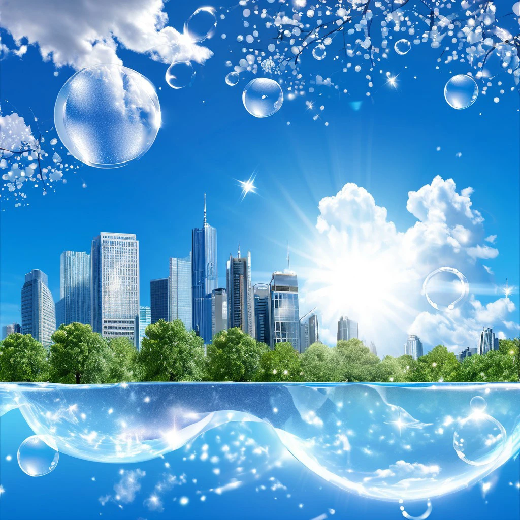 clouds, skyline, skyscrapers, trees, sun, sparkles, bubbles, bokeh, blue sky, realistic, photograph, UHD, 4K, high resolution, ultra detailed