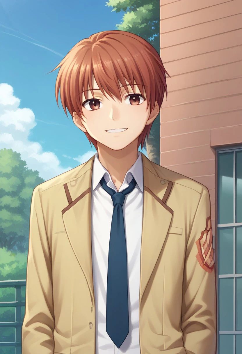 score_9, score_8_up, score_7_up, source_anime, highly detailed, 
yuzuru, 1boy, school uniform, male focus, solo, brown eyes, necktie, shinda sekai sensen uniform, red hair, red eyes, upper body, smile,
outdoor, sky, tree,