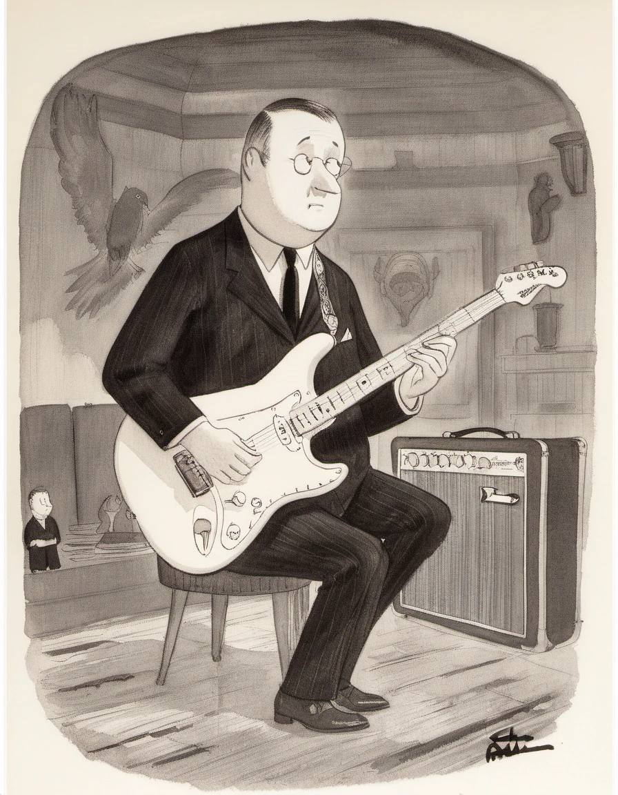 a cartoon of a wednesday addams playing a fender stratocaster guitar in the style of charles-addams