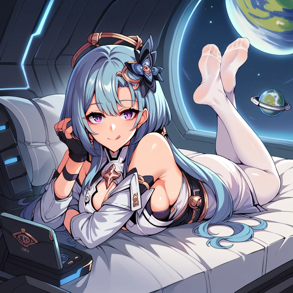 score_9_up, score_8_up, score_7_up, score_6up, source_anime, 1girl, solo, Griseo, Gris_Def, masterpiece, best quality, lamp, starry sky, planet, lying on stomach on bed, tongue smile, holding phone with both hands, gaming on phone, feet up, face focus, from side, purple eyes, long hair, low twintails, blue hair, white dress, sideboob, jewelry, hair ornament, white pantyhose, clothing cutout, cleavage, white sleeves, fingerless gloves, mature body, dynamic cowboy shot, indoors, spaceship background,