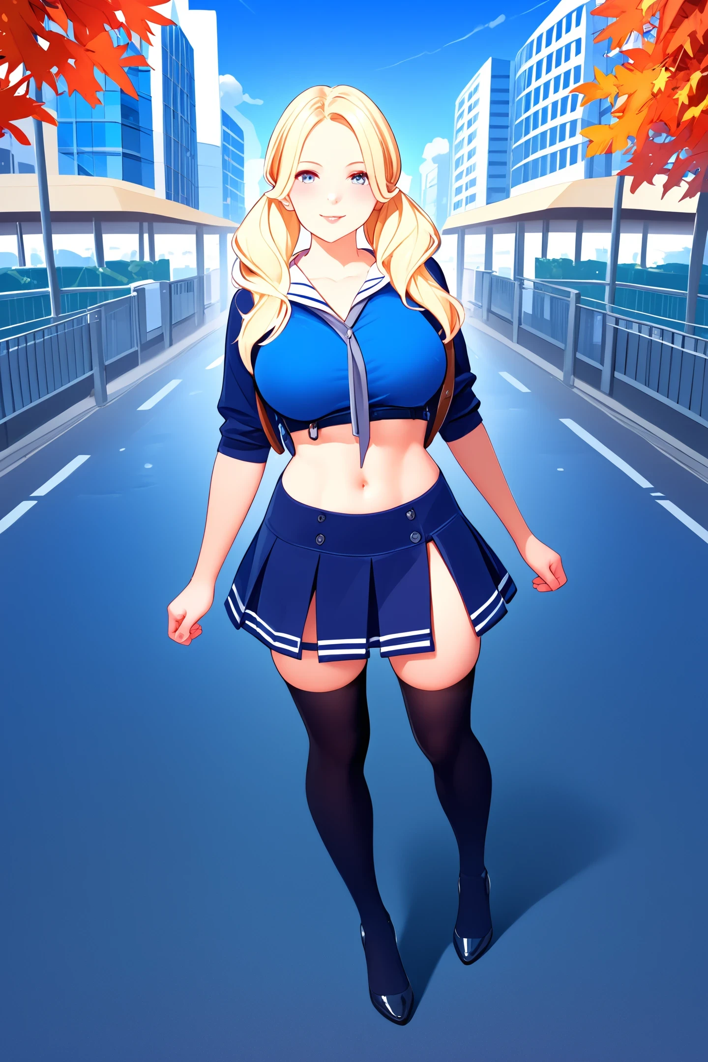 sapbd costume, blue crop top and skirt, thighhighs, blond, midriff,  <lora:babydoll_sapbd_costume:1>
large breasts, 
City park and autumn leaves falling at background,
illustration of woman standing. professional. high quality. highres, full body. beautiful. young. cartoon
score_9, score_8_up, score_7_up, score_6_up