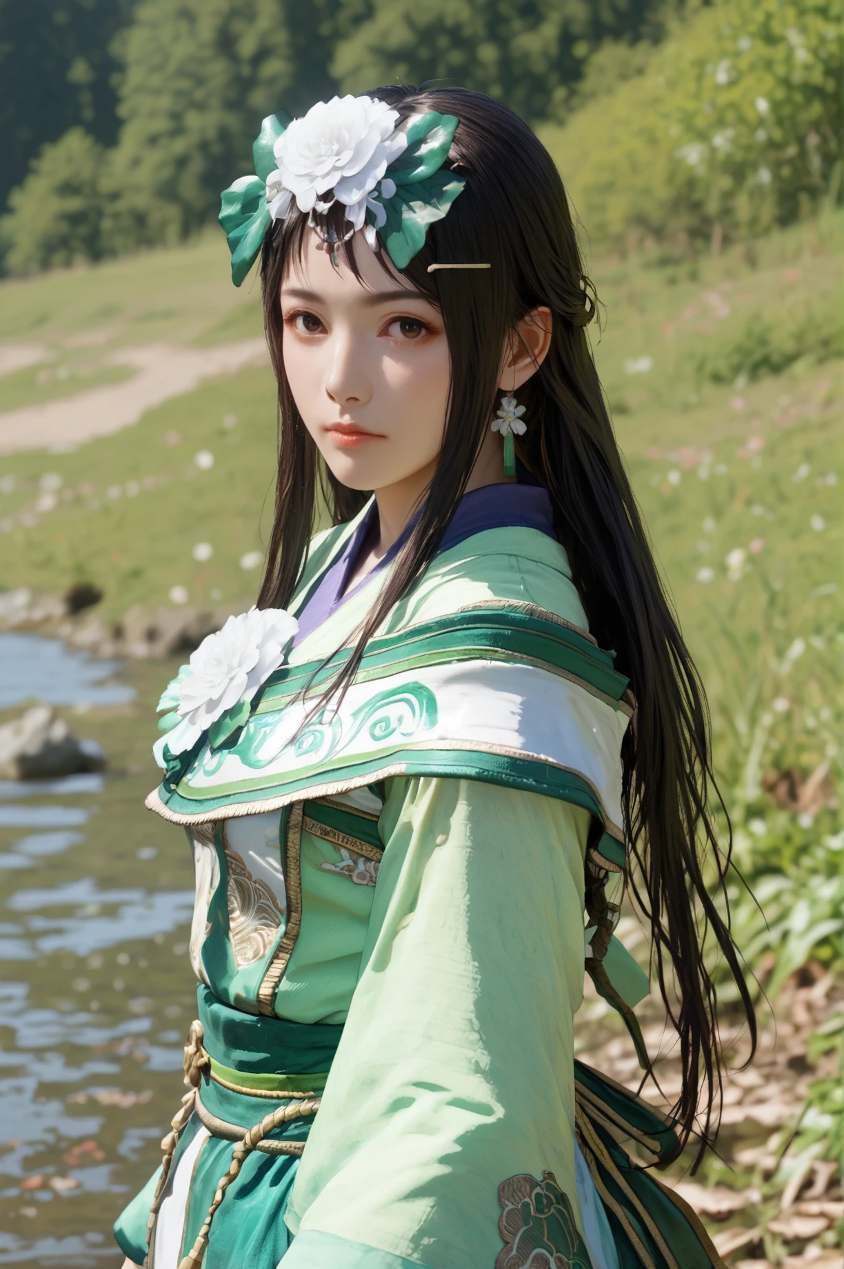 score_9, score_8_up, score_7_up , masterpiece, best quality, perfect anatomy, BREAK <lora:Xiahouji_Dynasty_Warrior:0.7> 1girl, solo, long hair, black hair, hair flower, chinese clothes, cowboy shot, looking at viewer
