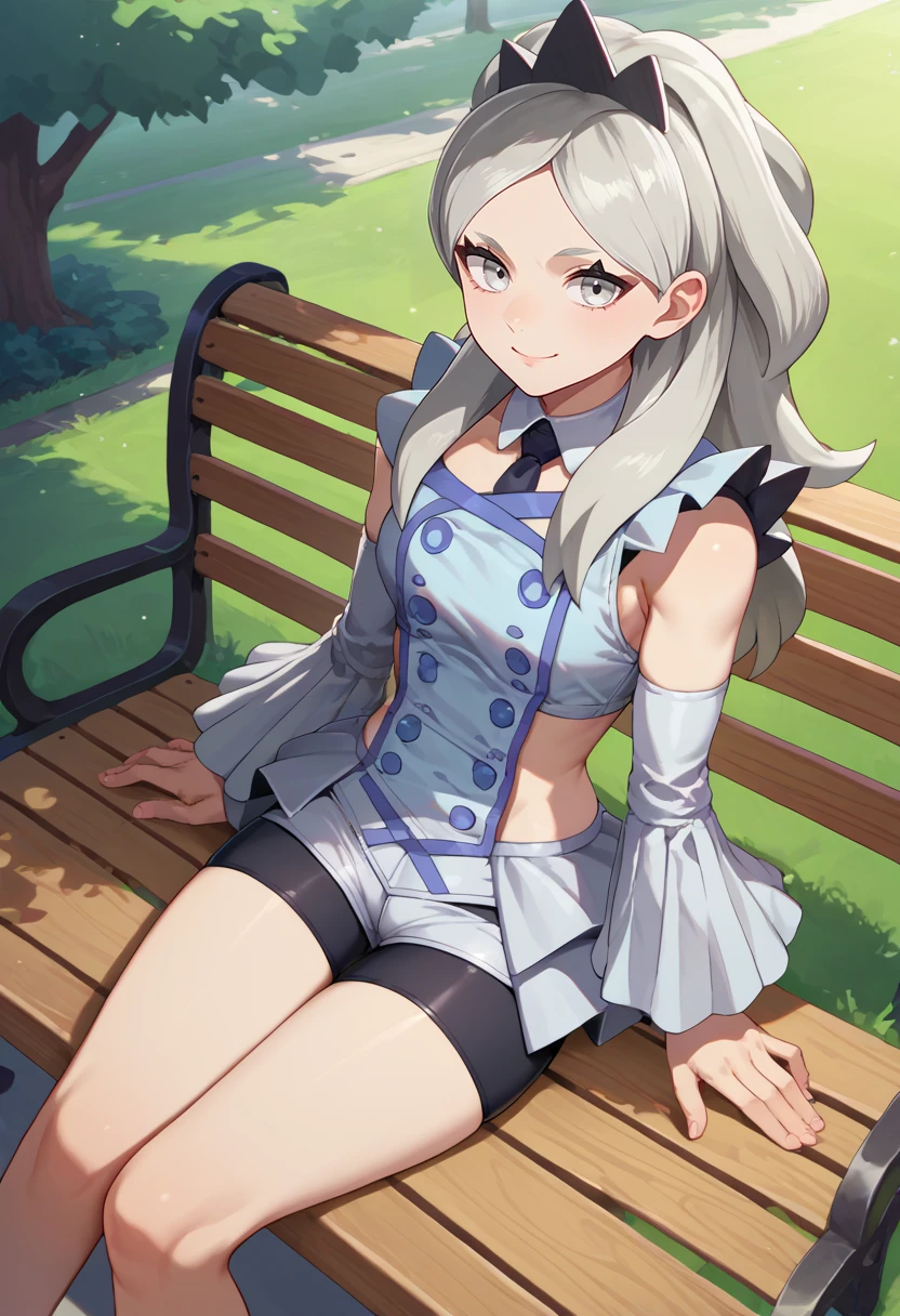 score_9, score_8_up, score_7_up, source_anime, solo, 1girl, pokemoneri, smile, looking at viewer, sitting, park bench, grey hair, tiara, grey eyes, shirt, double-breasted, buttons, detached sleeves, black shorts, bike shorts under shorts, short shorts, outdoors <lora:pokemon_eri_ponyXL:1>